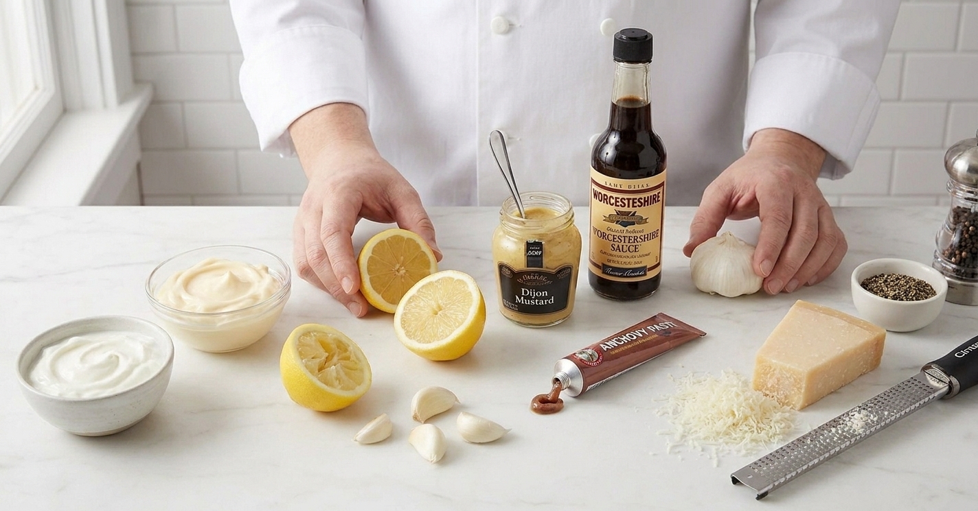 Caesar sauce ingredients arranged on a kitchen counter including mayonnaise, Greek yogurt, lemon, garlic, Dijon mustard, Worcestershire sauce, anchovy paste, Parmesan, and black pepper