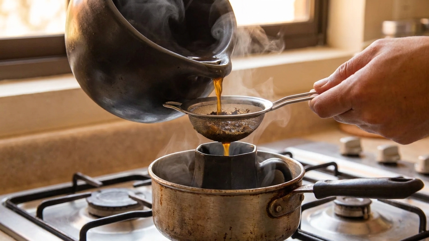 Cafe de olla being poured through a fine mesh strainer into a mug over a small saucepan on a stovetop