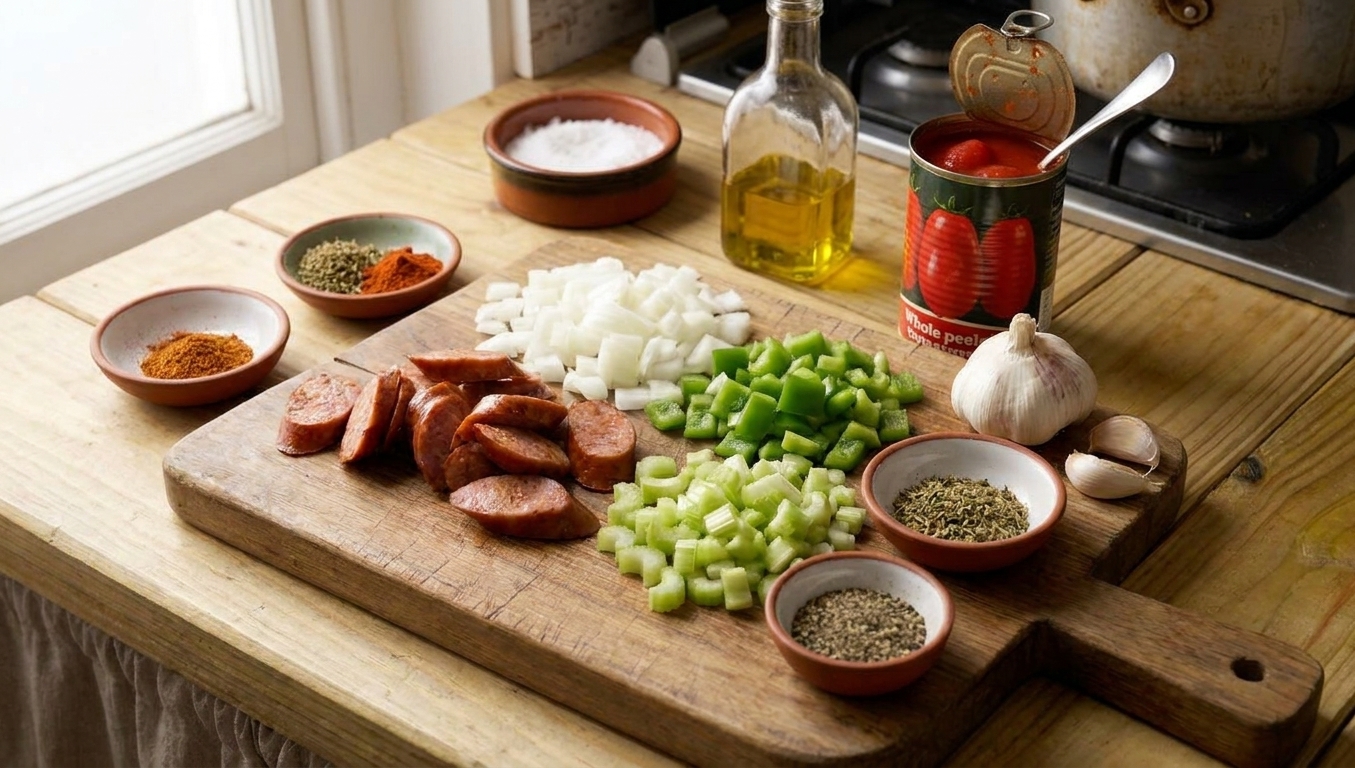 Cajun cooking ingredients on a kitchen counter including garlic, onion, celery, green bell pepper, smoked sausage, canned tomatoes, and dried spices in small bowls