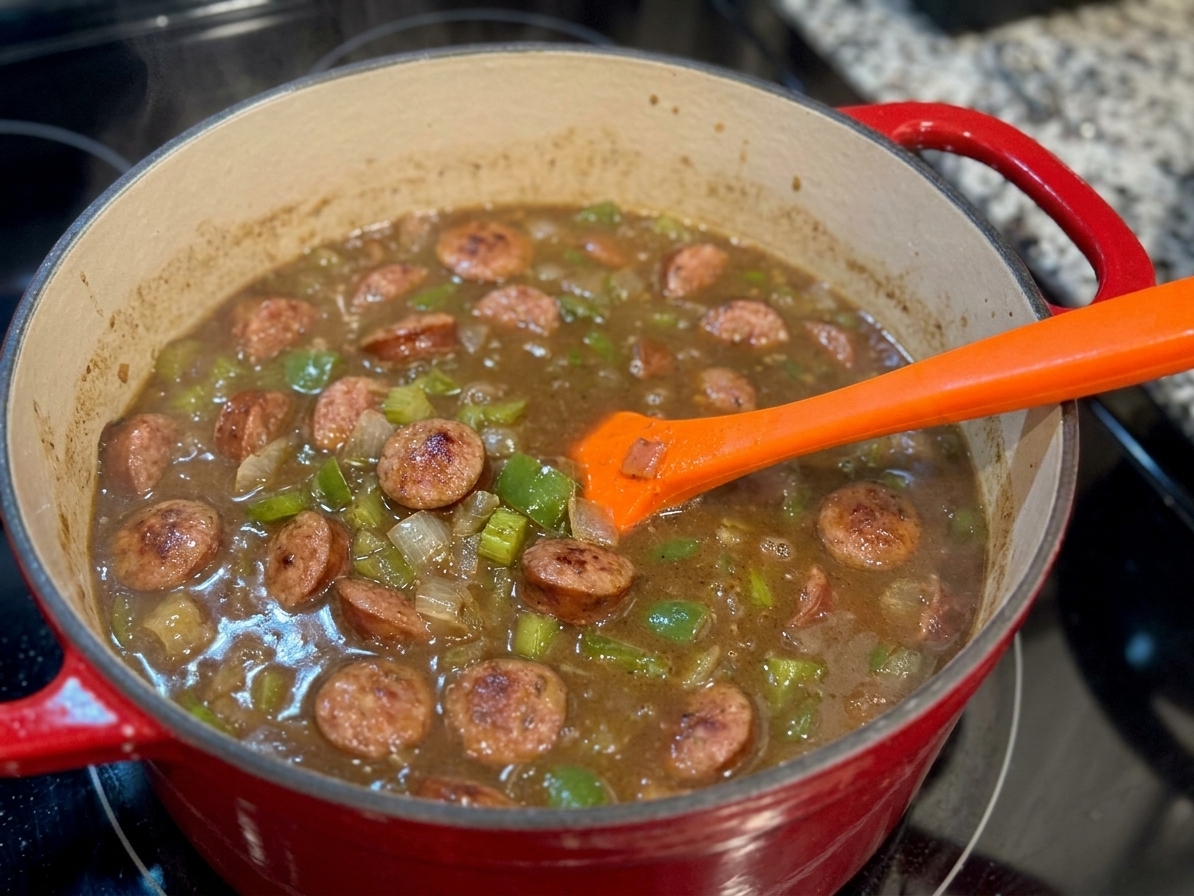 Cajun gumbo simmering in a Dutch oven with visible sausage rounds and chopped vegetables in a dark broth