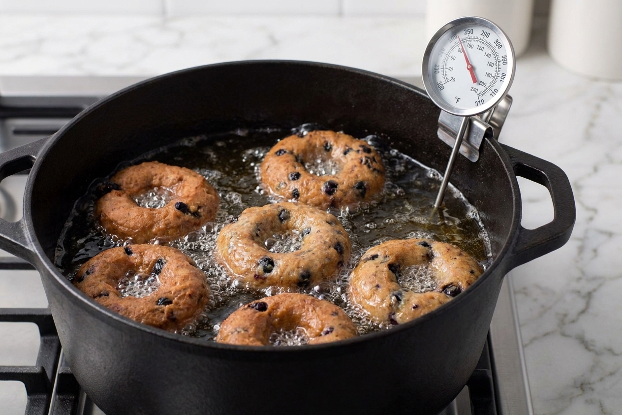 Cake donuts frying in hot oil in a Dutch oven with a thermometer clipped to the side