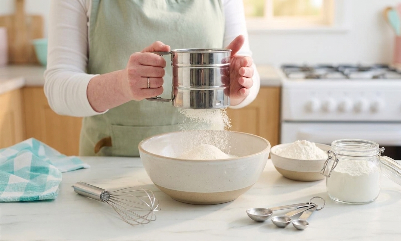 Cake flour and cornstarch being sifted into a bowl on a kitchen counter with a whisk and measuring spoons nearby