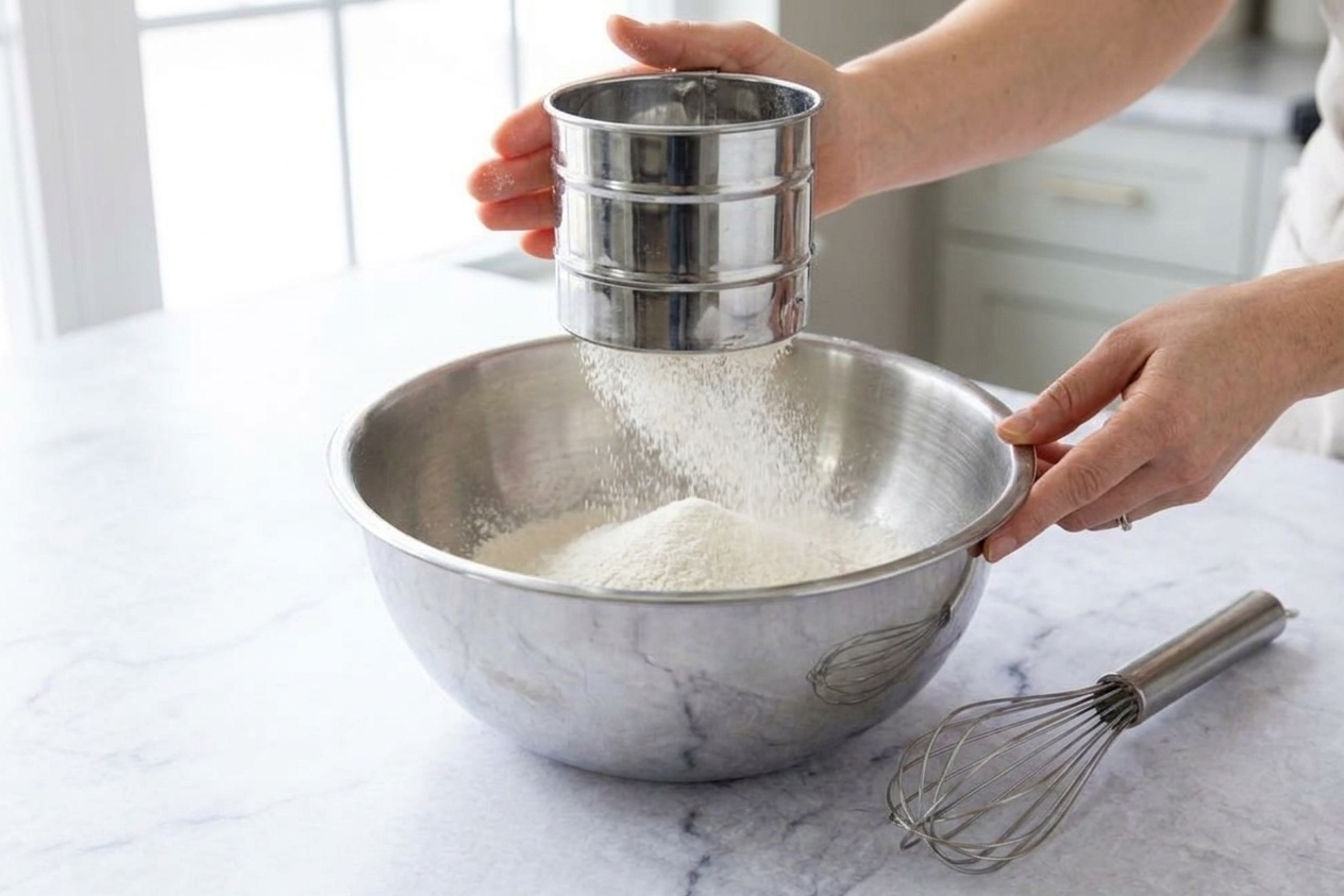 Cake flour being sifted into a large mixing bowl on a bright kitchen counter with a whisk nearby