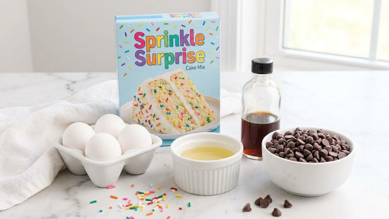 Cake mix box, eggs, a small bowl of oil, vanilla extract, and chocolate chips arranged on a tidy kitchen counter