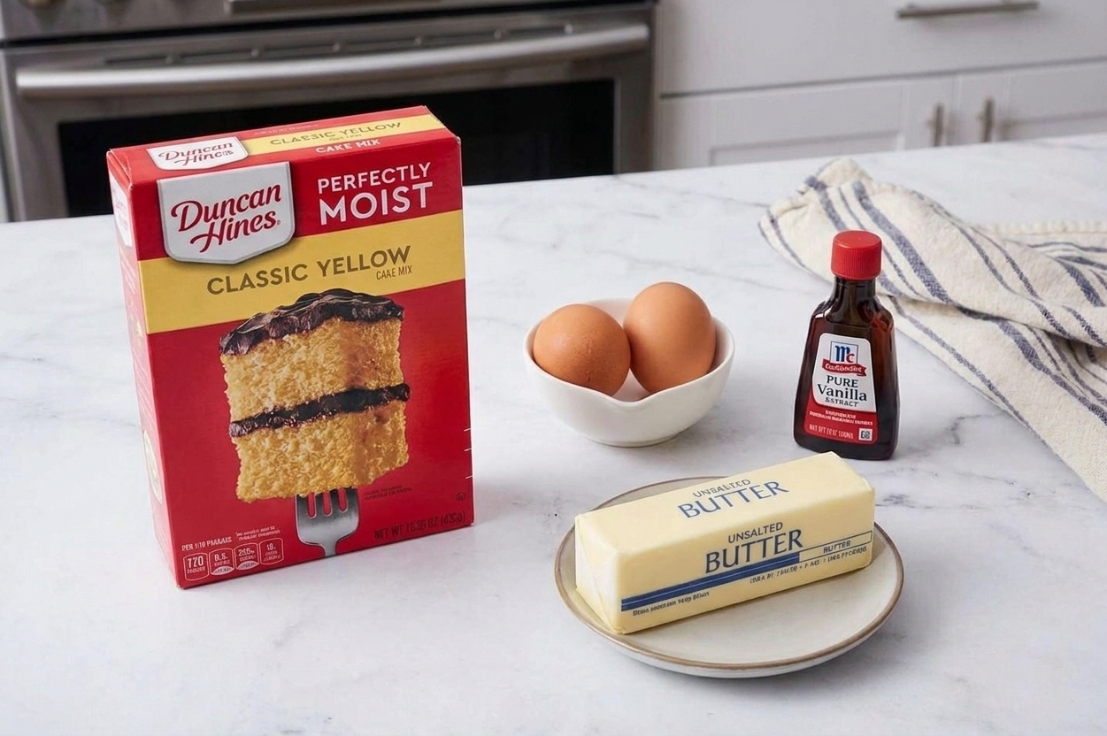 Cake mix, eggs, butter, and vanilla arranged on a kitchen counter ready to bake