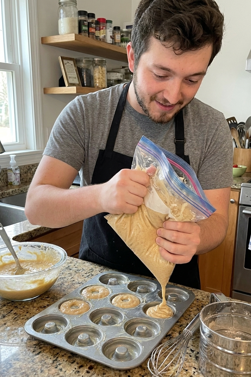 Cake-style doughnut batter being piped from a zip-top bag into a greased metal doughnut pan on a kitchen counter