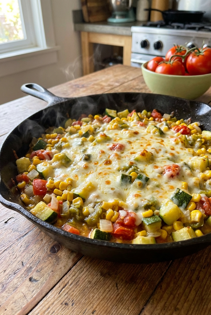 Calabacitas in a skillet with cheese melting on top