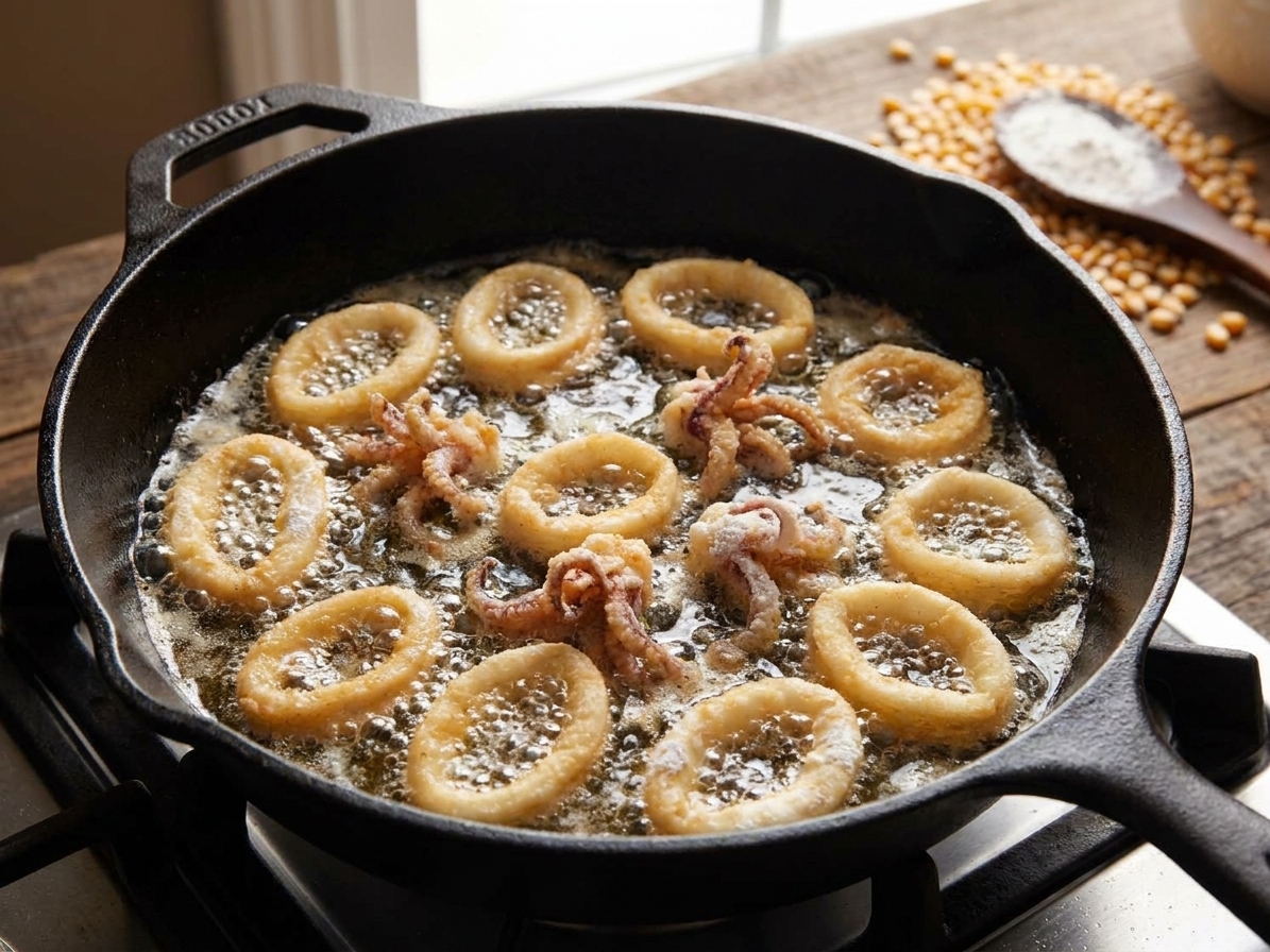 Calamari rings and tentacles frying in a shallow layer of oil in a cast iron skillet on a stovetop with bubbles around the coating