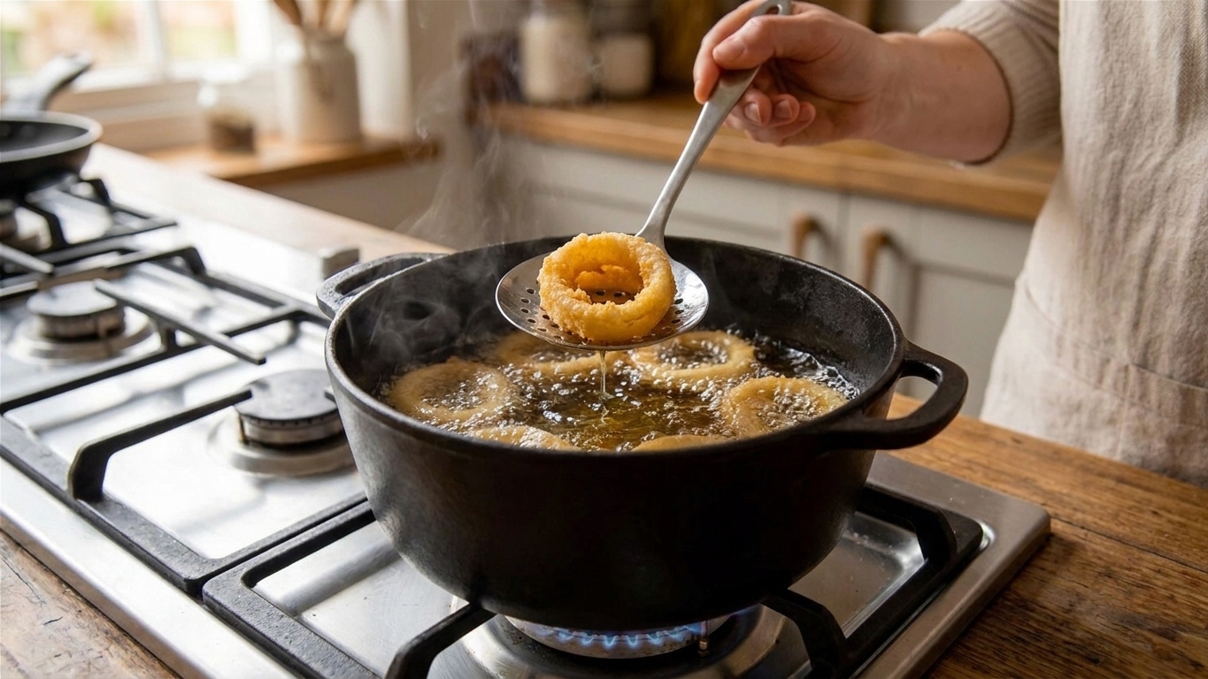 Calamari rings bubbling in hot oil in a deep pot on a stovetop while a slotted spoon lifts a piece