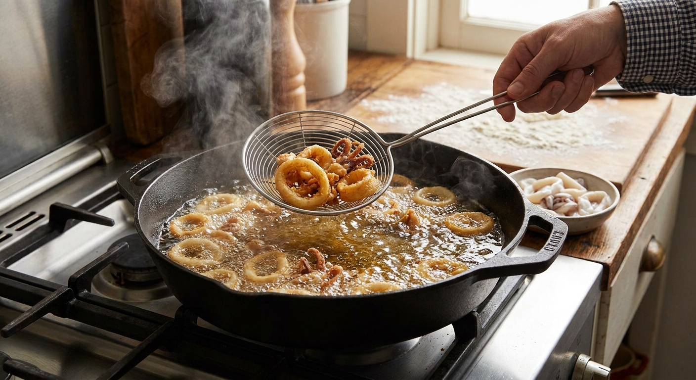Calamari rings frying in hot oil in a wide skillet with a spider strainer lifting a golden piece