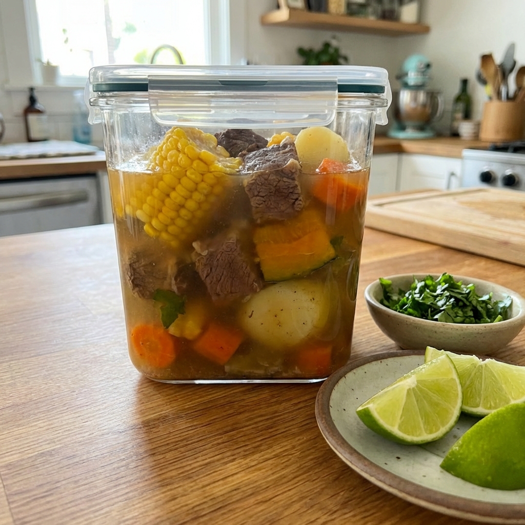 Caldo de res stored in a clear airtight container with lime wedges and chopped cilantro nearby