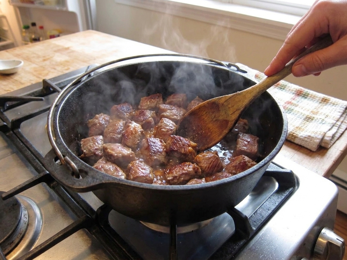 Camel meat chunks browning in a heavy pot on a stovetop while being stirred with a wooden spoon