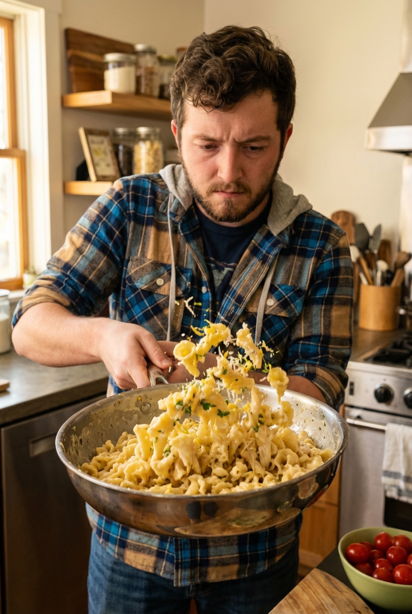 Campanelle pasta being tossed in a skillet with creamy lemon parmesan sauce