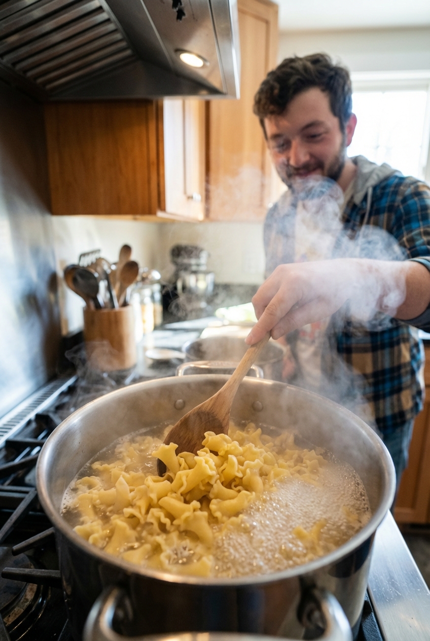 Campanelle pasta boiling in a pot of salted water with steam rising