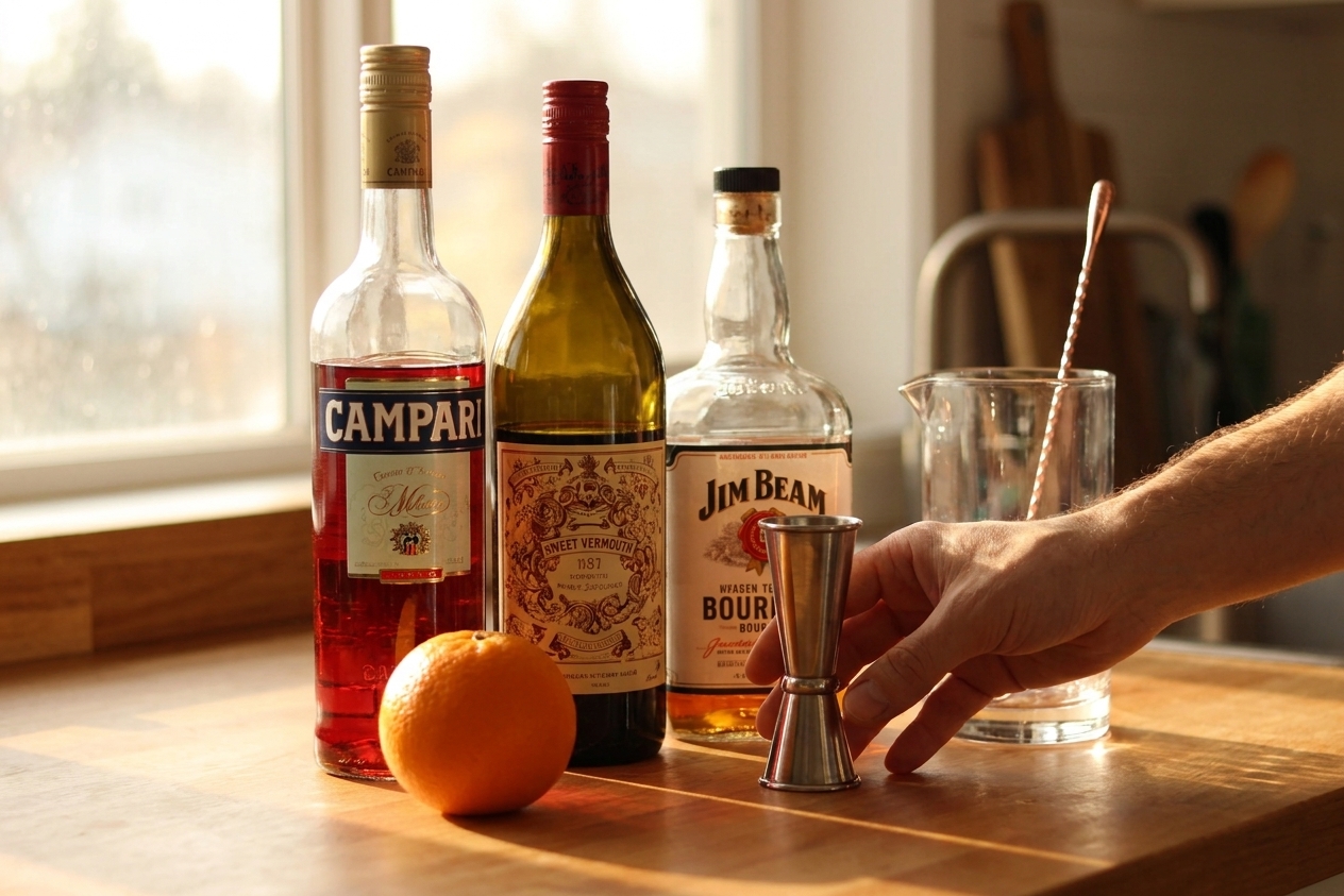 Campari, sweet vermouth, and bourbon bottles arranged on a kitchen counter with a jigger, mixing glass, and a fresh orange