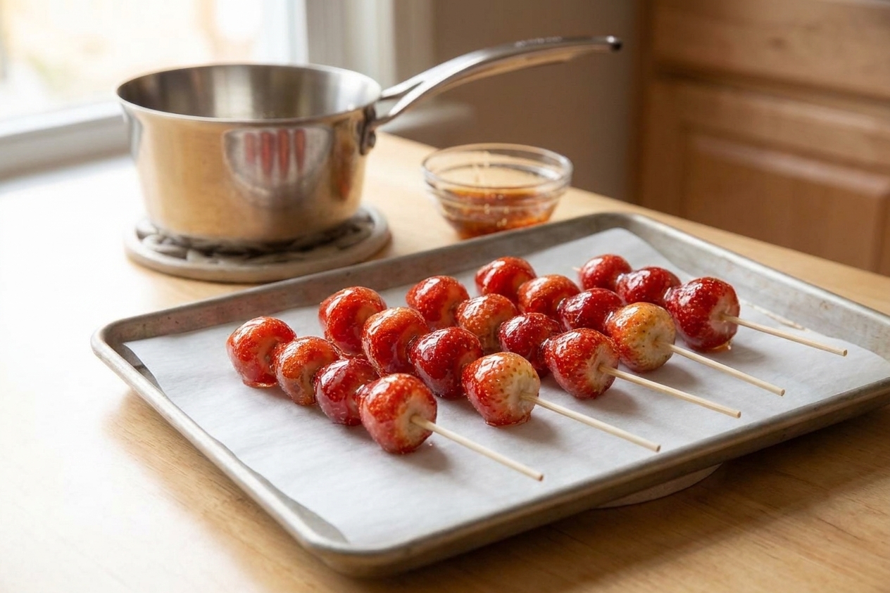 Candied fruit skewers cooling on parchment paper with a glossy hardened sugar shell