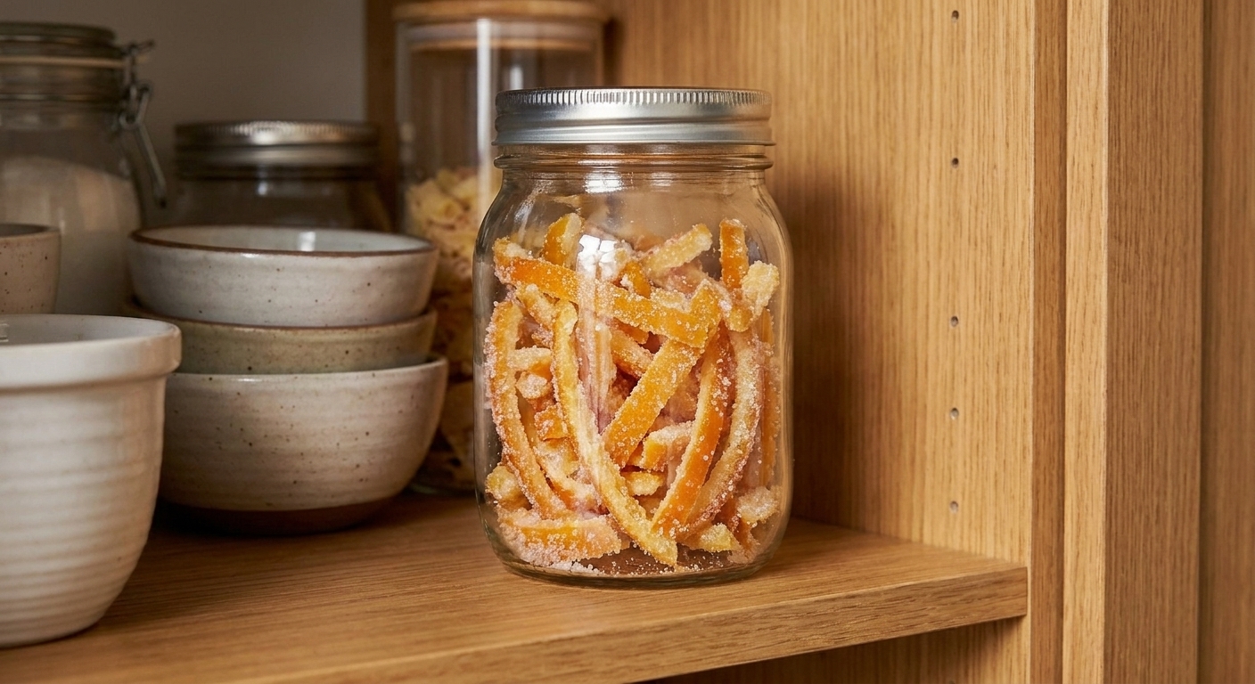 Candied orange peel strips stored in a clear glass jar with a tight-fitting lid on a tidy pantry shelf