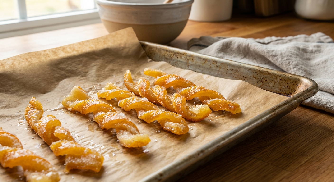 Candied orange peel twists resting on parchment paper on a baking sheet
