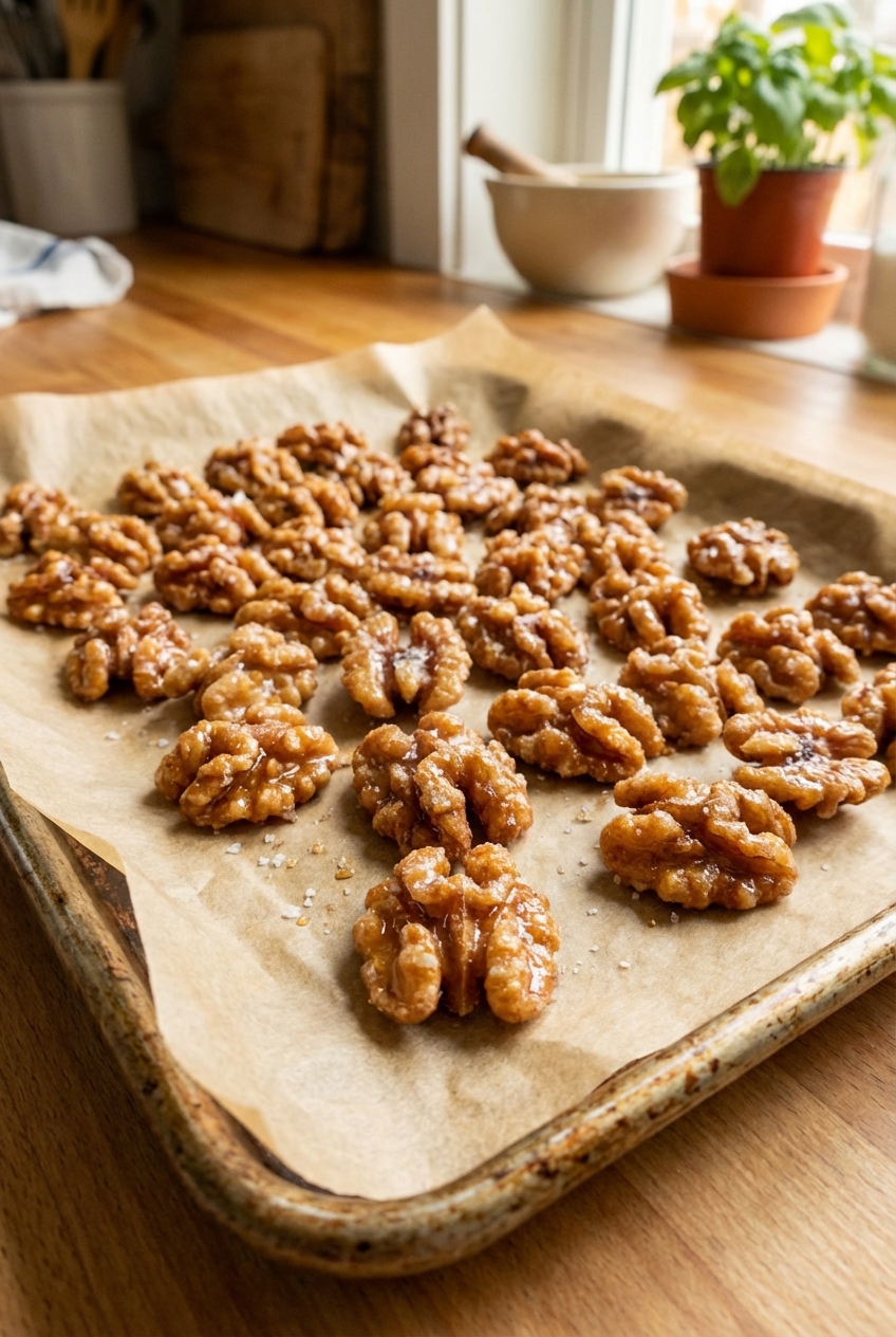 Candied walnuts cooling in a single layer on parchment paper on a baking sheet