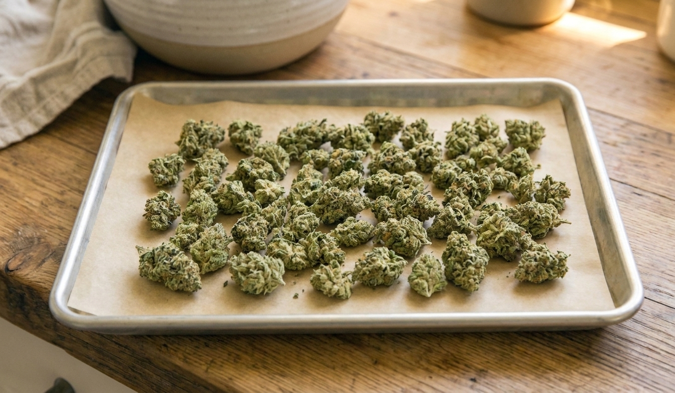 Cannabis flower spread in an even layer on a parchment-lined baking sheet set on a kitchen counter, ready for the oven