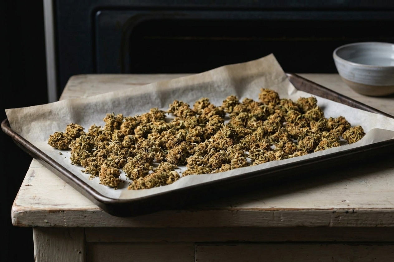 Cannabis flower spread on a parchment-lined baking sheet after decarbing, lightly toasted in a home kitchen setting
