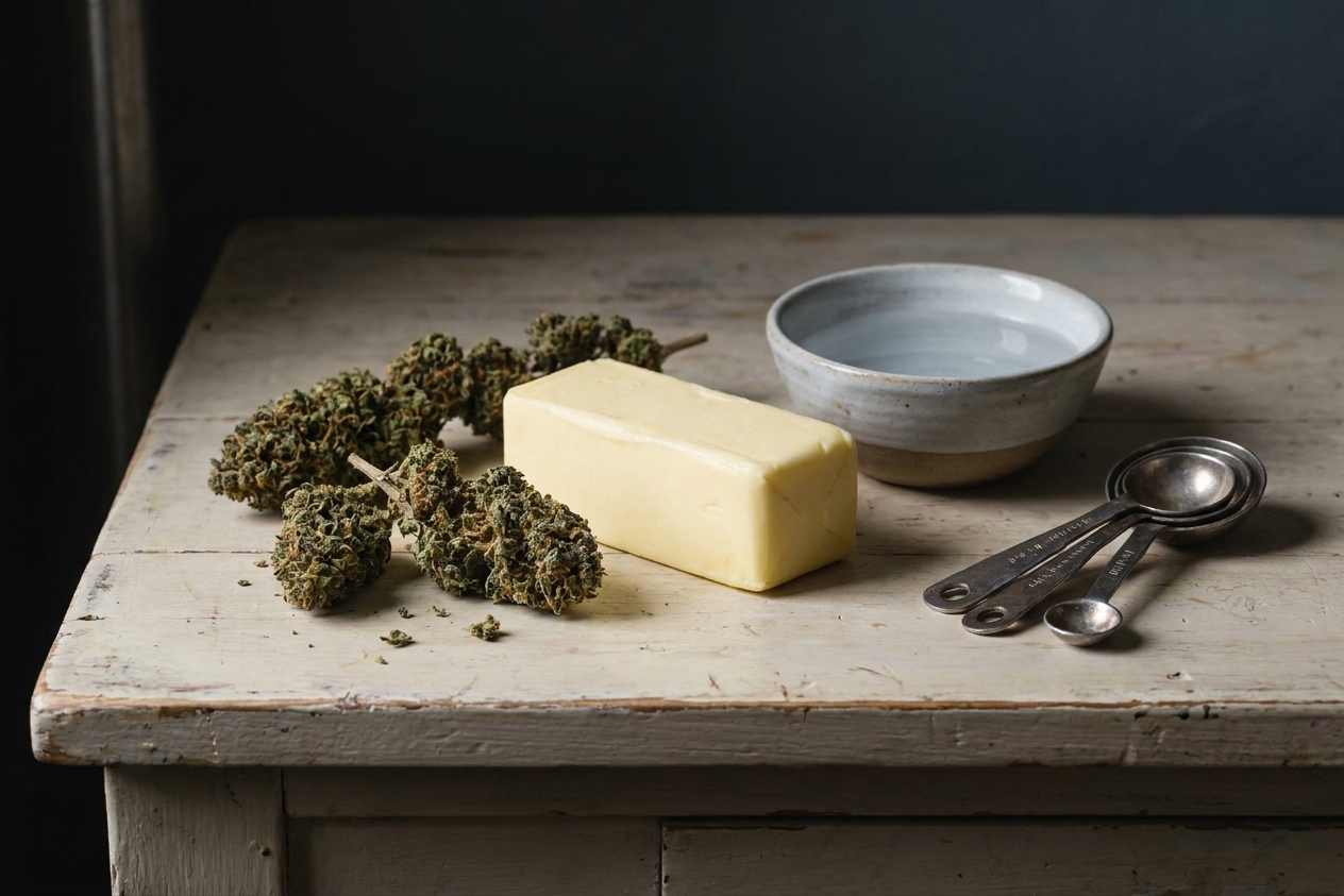 Cannabis flower, unsalted butter, and a small bowl of water arranged on a light kitchen counter with measuring spoons nearby