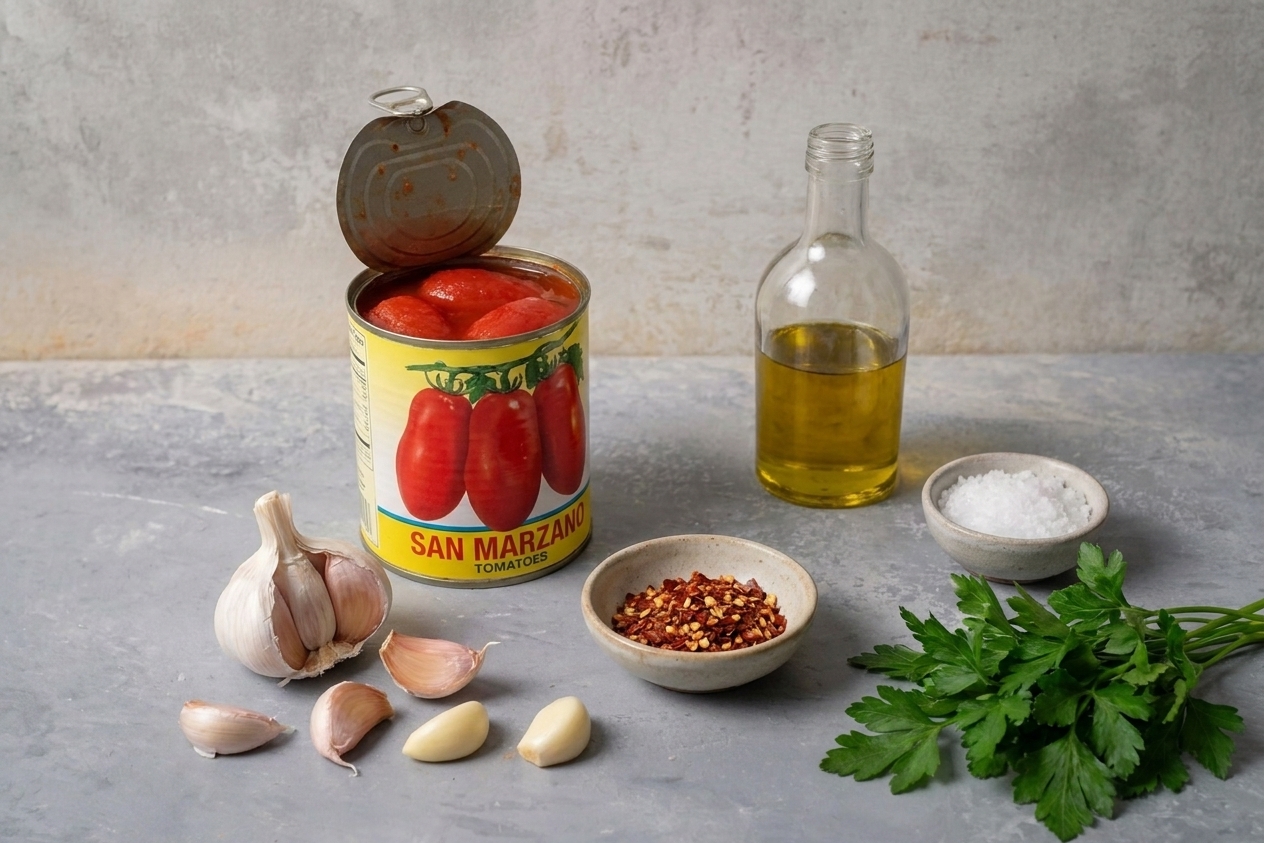 Canned San Marzano tomatoes, garlic cloves, olive oil, red pepper flakes, parsley, and salt arranged on a light kitchen counter