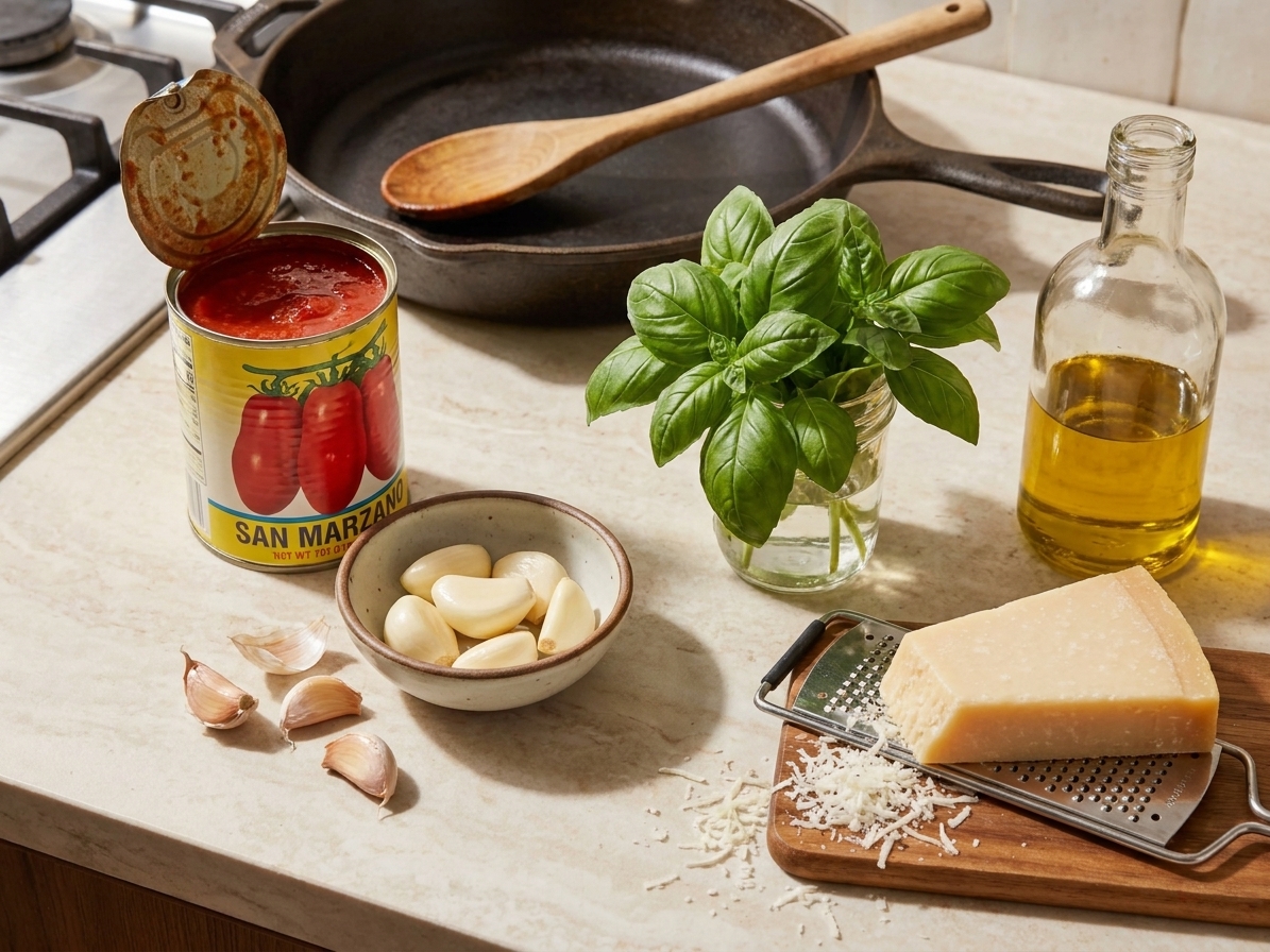 Canned San Marzano tomatoes, whole garlic cloves, fresh basil, olive oil, and Parmesan arranged on a light kitchen counter