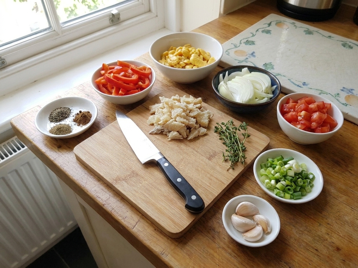 Canned ackee, dried salt cod, sliced bell peppers, sliced onion, tomatoes, thyme, scallions, garlic, and spices arranged on a kitchen counter with a cutting board