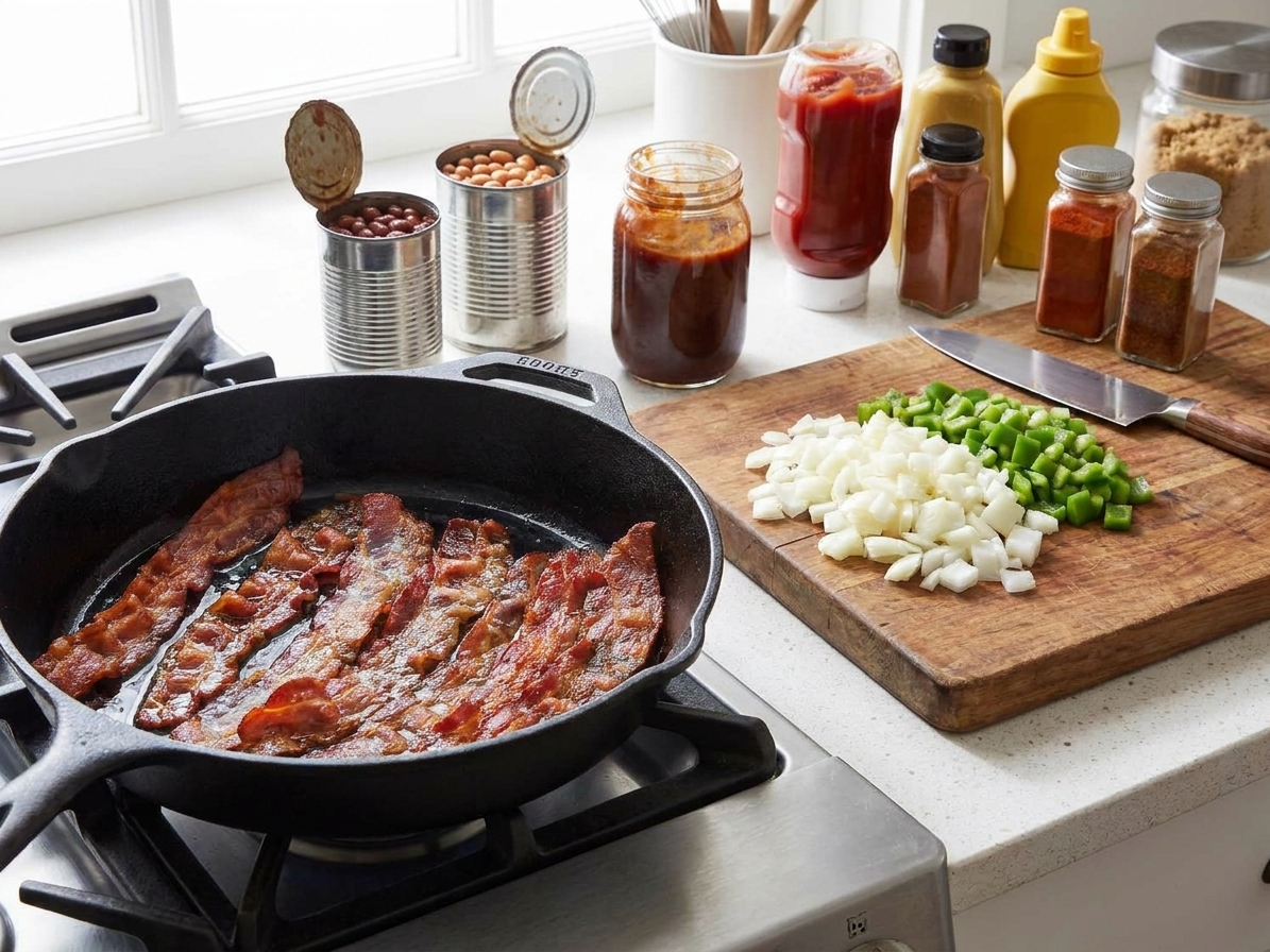 Canned beans, bacon, ground beef, onion, bell pepper, barbecue sauce, ketchup, mustard, and spices arranged on a bright kitchen counter