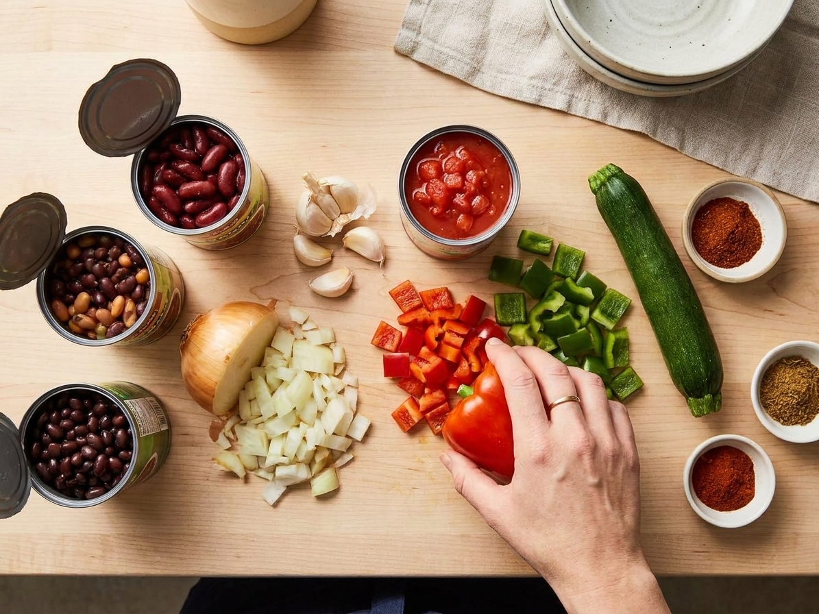 Canned beans, canned tomatoes, spices, onion, garlic, bell peppers, and a zucchini arranged on a bright kitchen counter in natural light