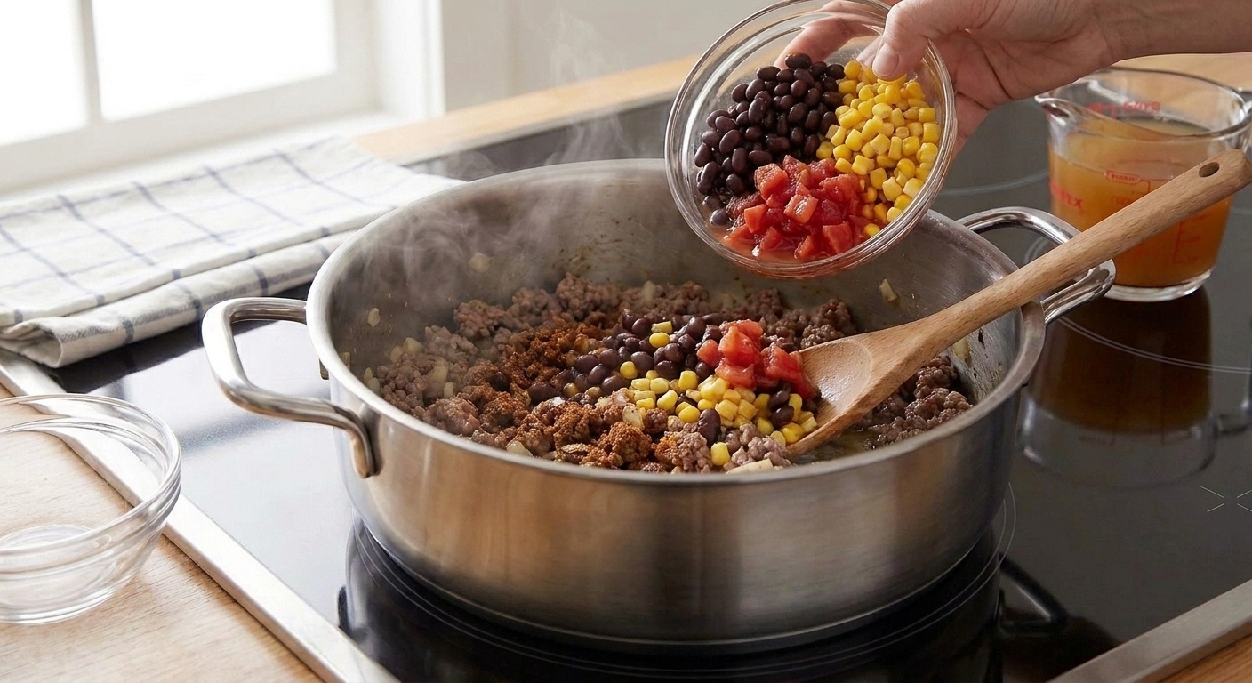 Canned beans, corn, and tomatoes being stirred into a pot of seasoned beef and onions before simmering