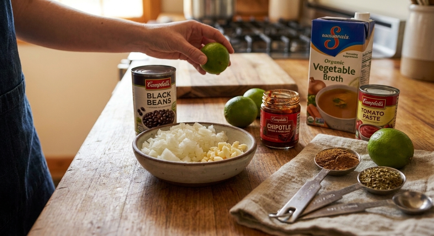Canned beans, onion, garlic, chipotle in adobo, cumin, oregano, broth, tomato paste, and limes arranged on a clean kitchen counter