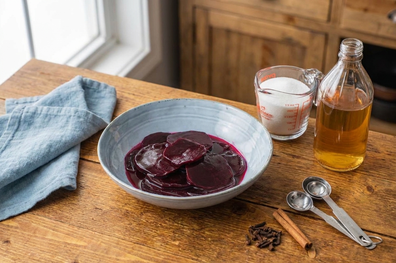 Canned beet slices, white sugar, apple cider vinegar, and spices arranged on a light kitchen counter with measuring spoons