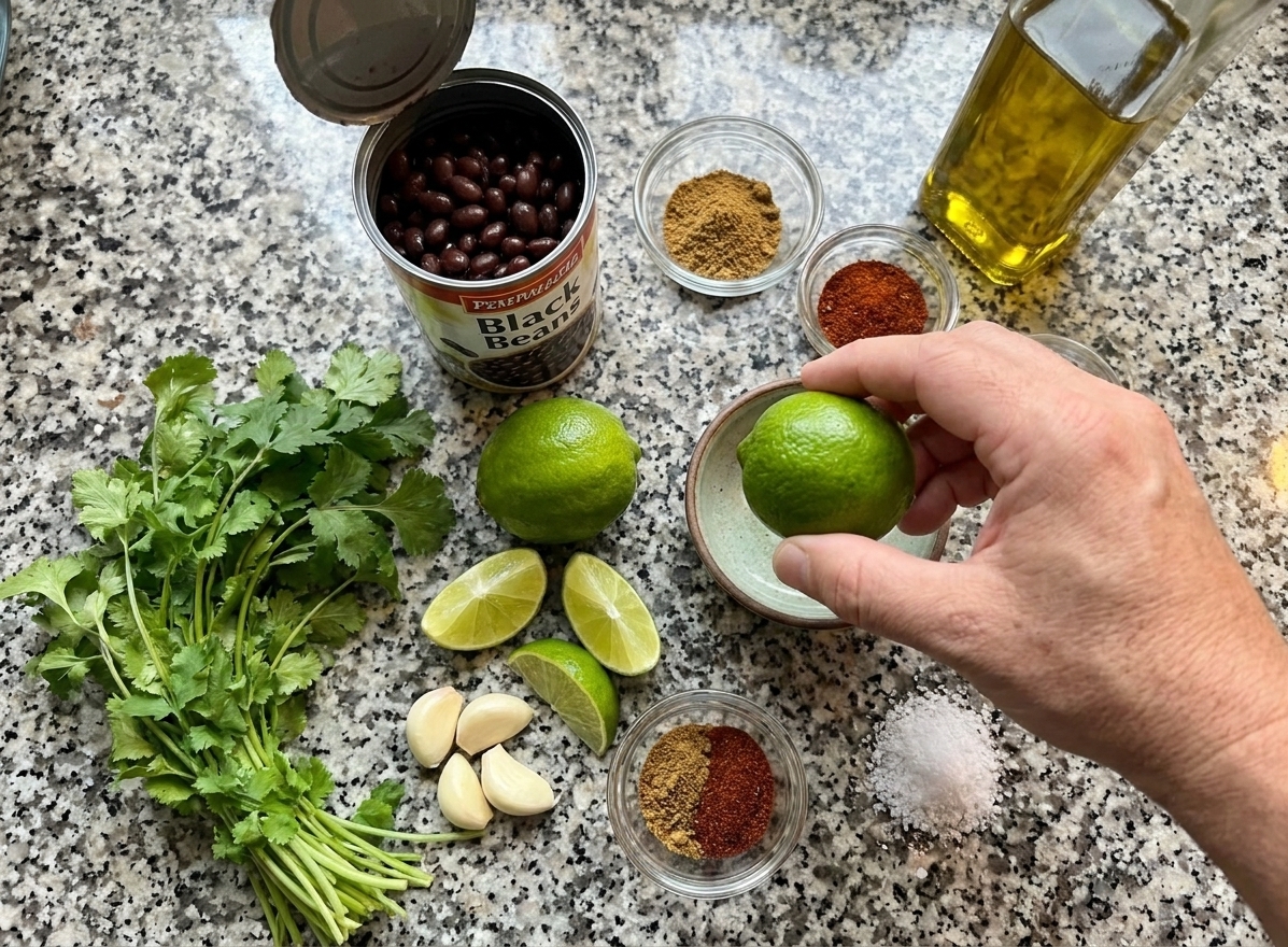 Canned black beans, a lime, cilantro, garlic, cumin, chili powder, olive oil, and salt arranged on a clean kitchen counter in soft natural light