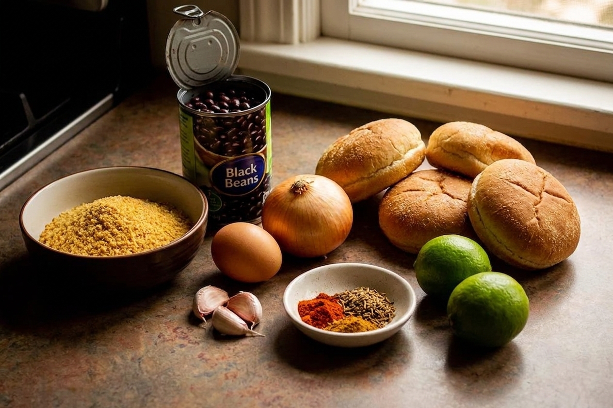 Canned black beans, breadcrumbs, an egg, onion, garlic, spices, lime, and burger buns arranged on a tidy kitchen counter in soft natural light