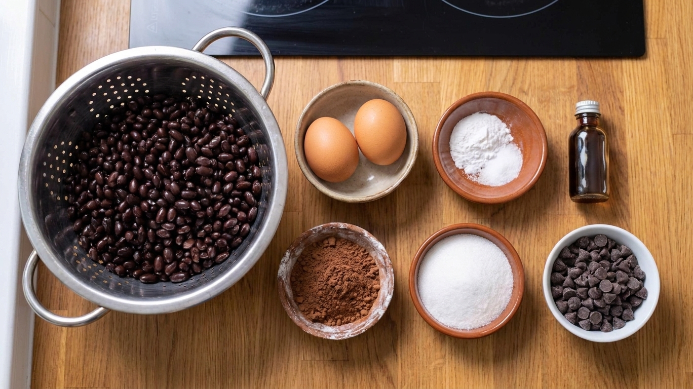 Canned black beans, cocoa powder, eggs, sugar, vanilla, baking powder, salt, and chocolate chips arranged on a clean kitchen counter