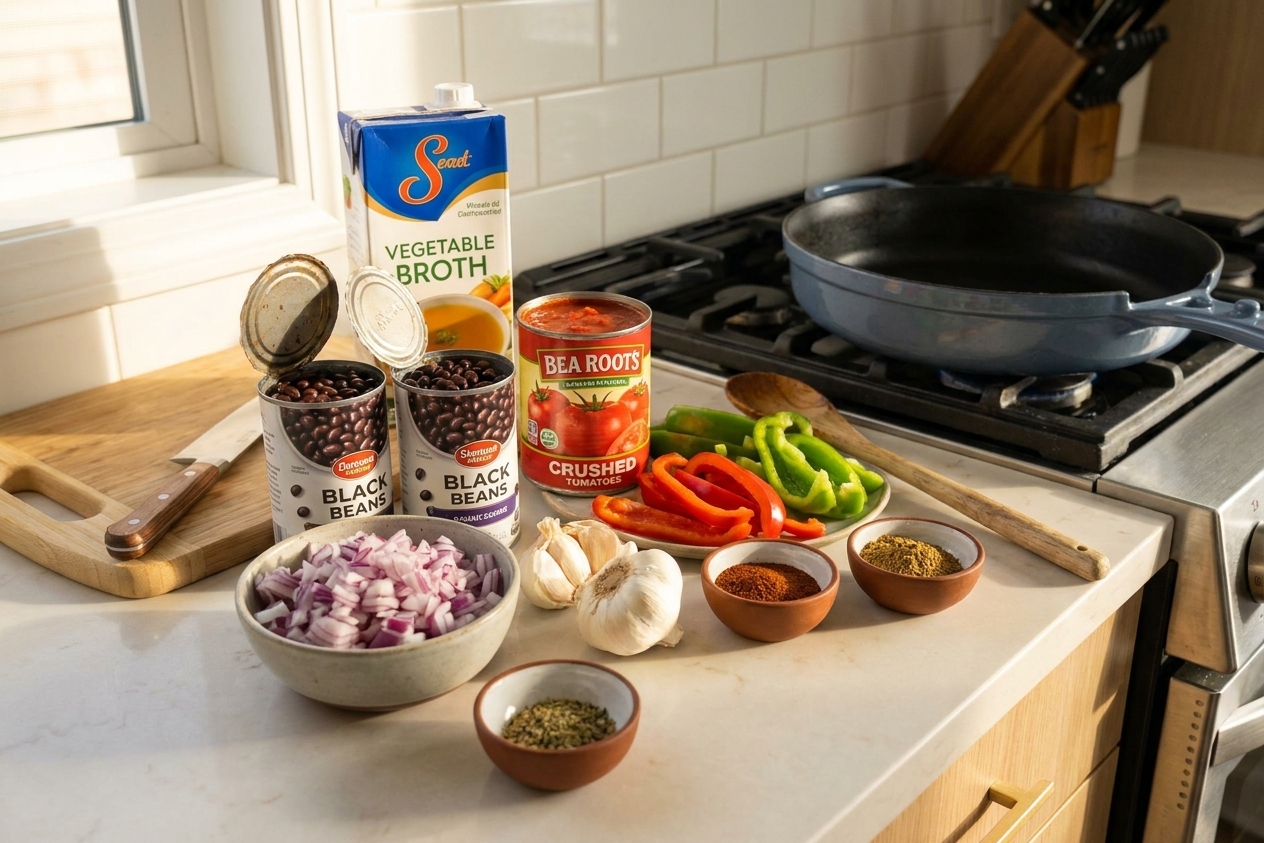 Canned black beans, crushed tomatoes, onion, garlic, bell pepper, spices, and broth arranged on a home kitchen counter in warm natural light