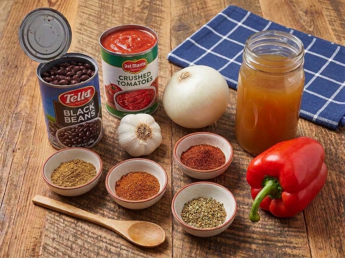 Canned black beans, crushed tomatoes, onion, garlic, bell pepper, chili powder, cumin, and broth arranged on a bright kitchen counter