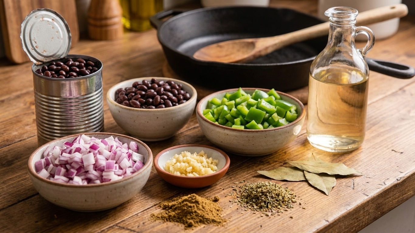 Canned black beans, diced onion, chopped green bell pepper, minced garlic, cumin, oregano, bay leaf, and vinegar arranged on a clean kitchen counter
