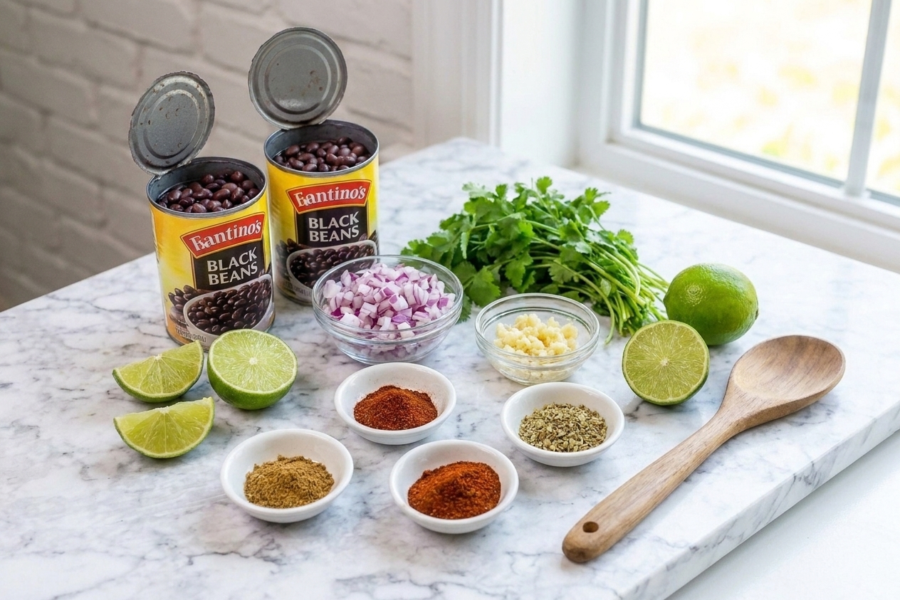 Canned black beans, diced onion, minced garlic, cilantro, lime, and small bowls of spices arranged on a kitchen counter in soft daylight