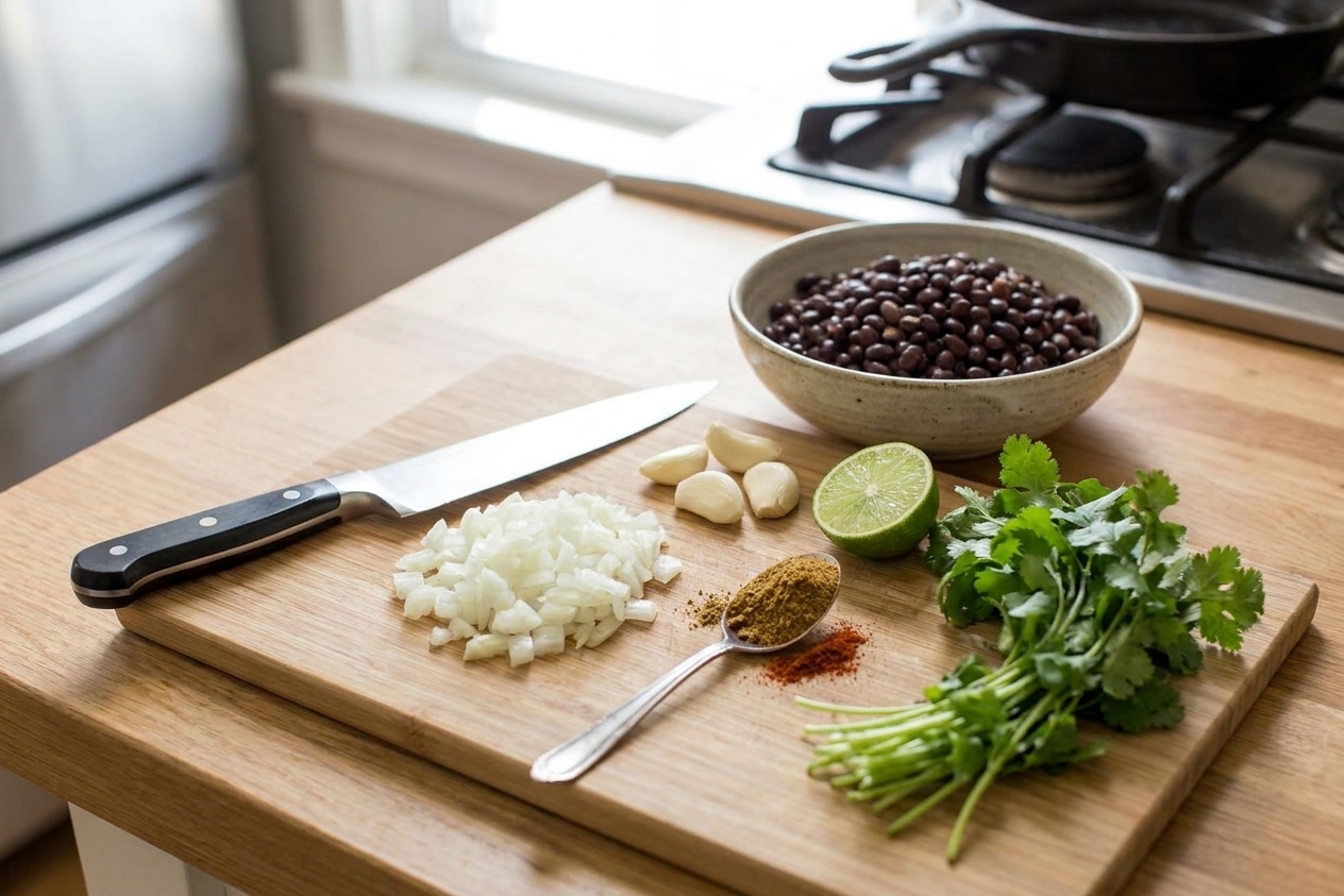 Canned black beans, onion, garlic, cumin, smoked paprika, lime, and cilantro arranged on a kitchen counter with a cutting board and knife