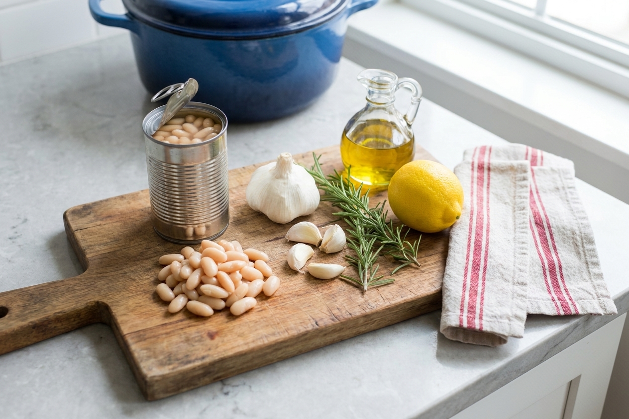 Canned cannellini beans, whole garlic cloves, fresh rosemary, a lemon, and olive oil arranged on a bright kitchen counter