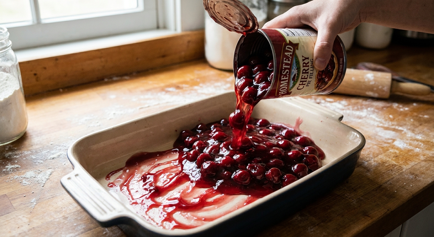 Canned cherry pie filling being poured into a rectangular baking dish, captured mid-pour with glossy cherries and syrup spreading across the bottom