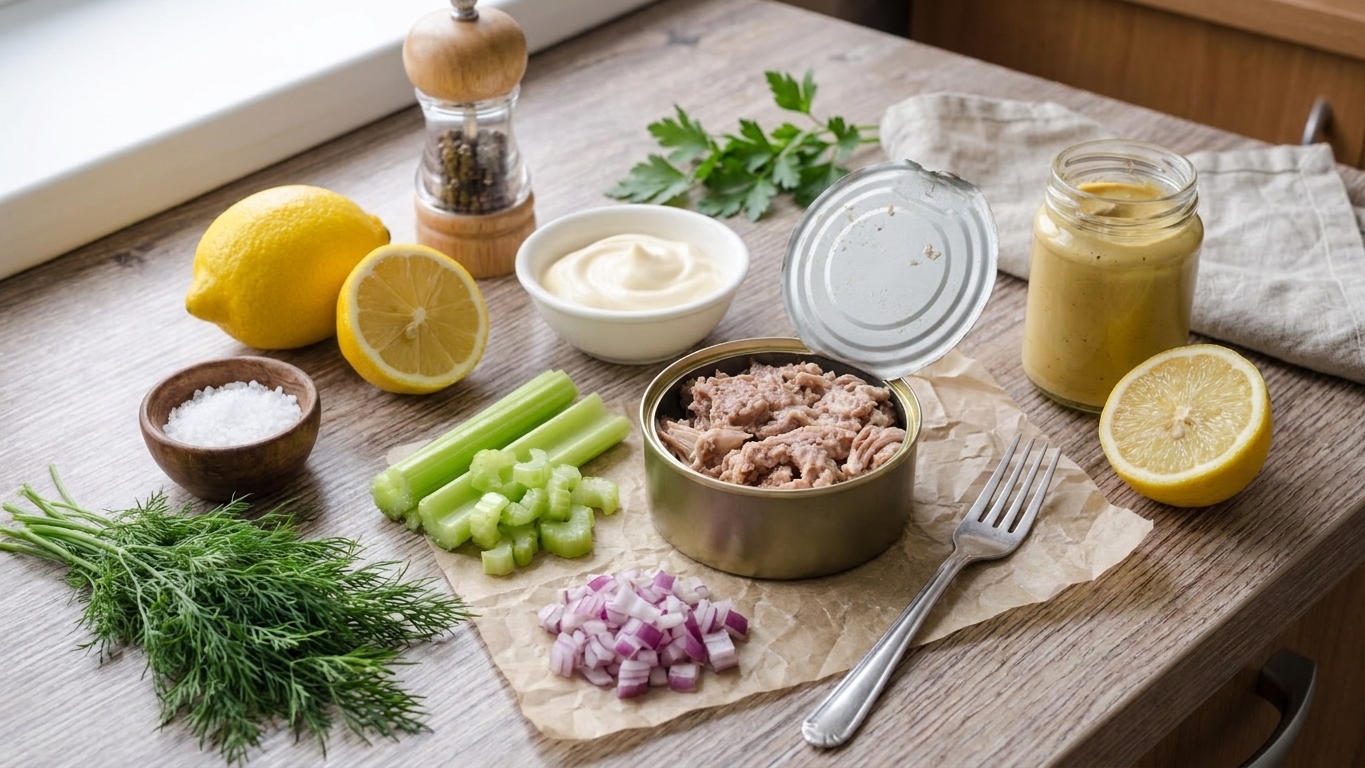 Canned chicken, mayonnaise, Dijon mustard, lemon, celery, red onion, dill, salt, and pepper arranged on a clean kitchen counter in natural light