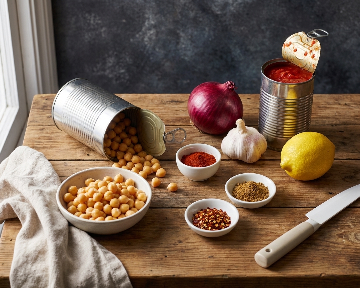 Canned chickpeas, a can of crushed tomatoes, an onion, garlic, lemon, and spices arranged on a clean kitchen counter in soft natural light