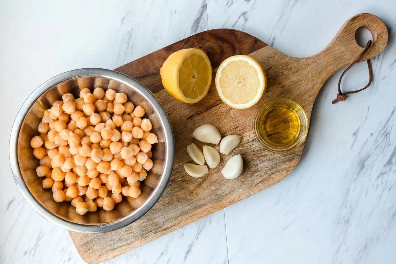 Canned chickpeas, a halved lemon, peeled garlic cloves, and a small bowl of olive oil arranged on a clean kitchen counter