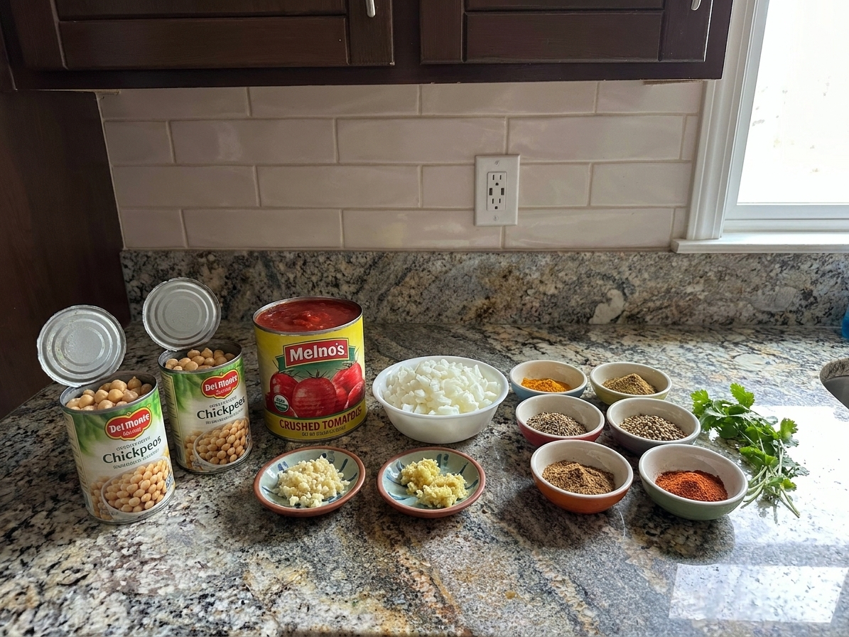 Canned chickpeas, crushed tomatoes, onions, garlic, ginger, and small bowls of spices arranged on a kitchen counter in soft daylight