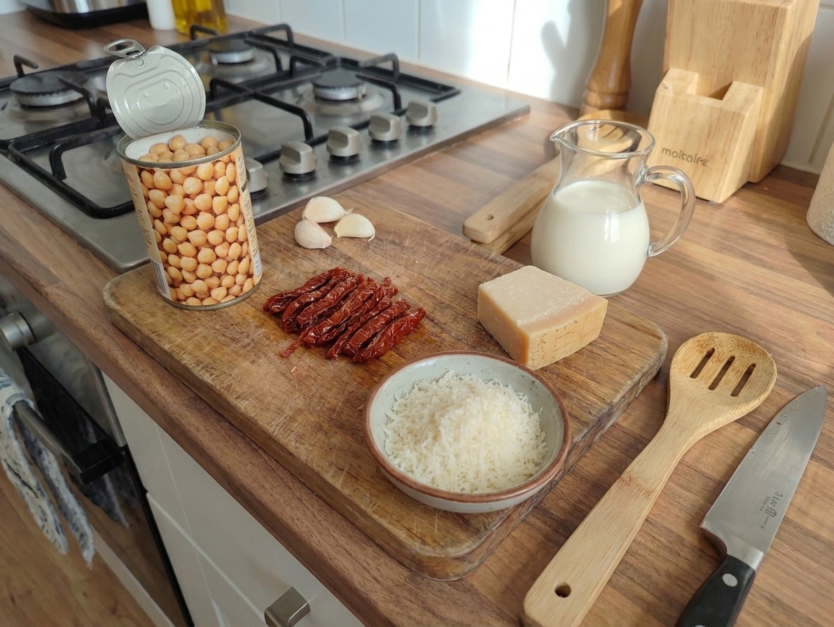 Canned chickpeas, sun-dried tomatoes, garlic, Parmesan, and cream arranged on a clean kitchen counter with a cutting board