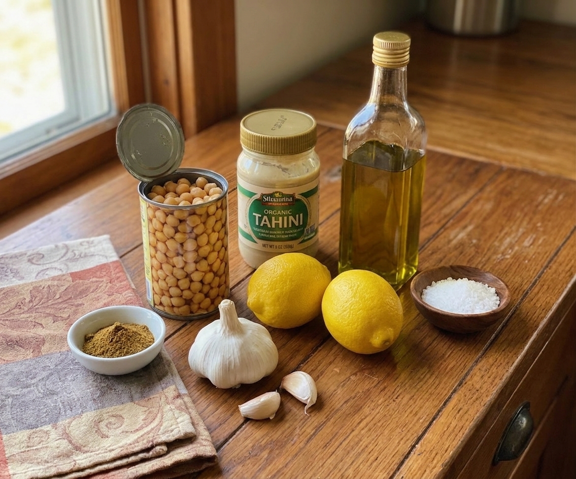 Canned chickpeas, tahini, lemons, garlic, olive oil, cumin, and salt arranged on a clean kitchen counter in natural light